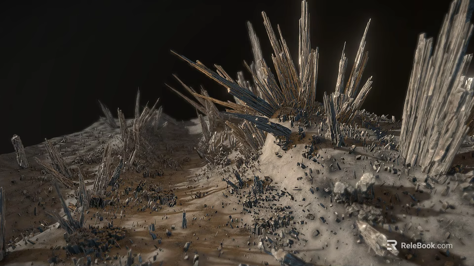 Spiky Rock Terrain With Gravel Surface And Irregular Crystalline Structures Against Dark Background 3d model 