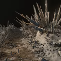 Spiky Rock Terrain With Gravel Surface And Irregular Crystalline Structures Against Dark Background