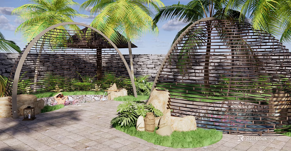 Tropical Garden Pergola With Palm Trees Stone Wall Green Plants And Stone Pathway 3d model 