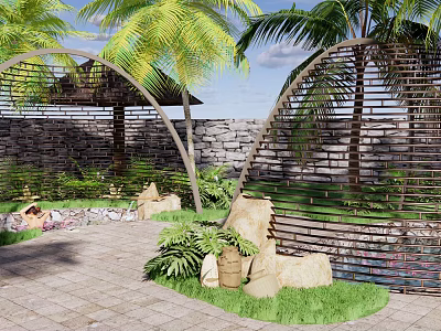Tropical Garden Pergola With Palm Trees Stone Wall Green Plants And Stone Pathway 3d model