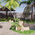 Tropical Garden Pergola With Palm Trees Stone Wall Green Plants And Stone Pathway