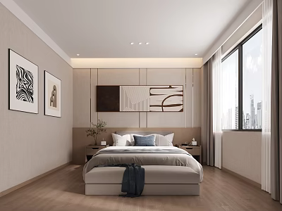 Modern Hotel Guest Room With Cozy Bed Nightstands Decorative Paintings And City View Window 3d model