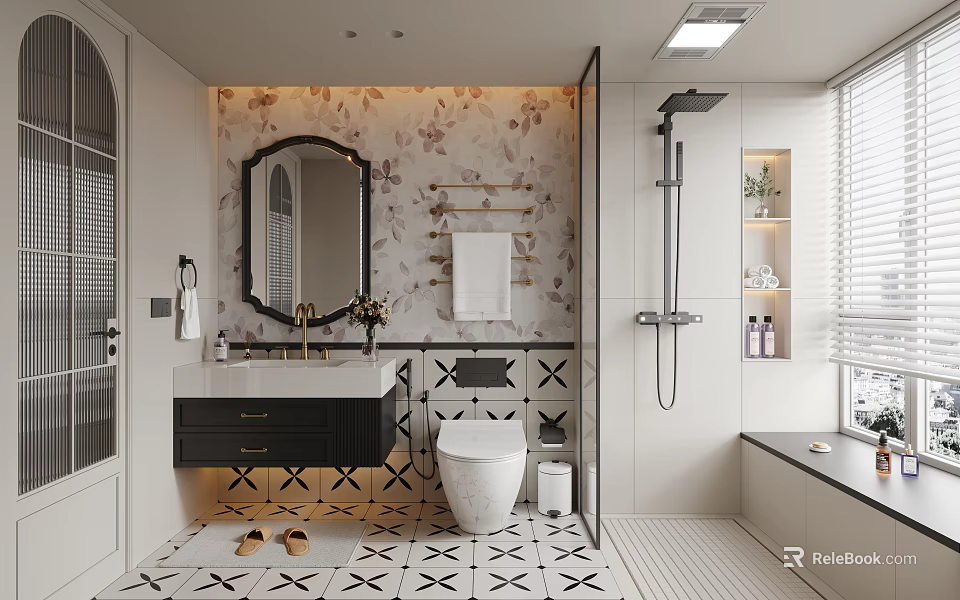 Stylish Modern Bathroom Interior With Floral Wallpaper Round Mirror Black Vanity And Geometric Tiles 3d model 
