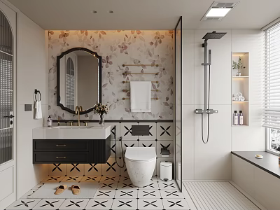 Stylish Modern Bathroom Interior With Floral Wallpaper Round Mirror Black Vanity And Geometric Tiles 3d model