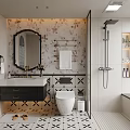 Stylish Modern Bathroom Interior With Floral Wallpaper Round Mirror Black Vanity And Geometric Tiles
