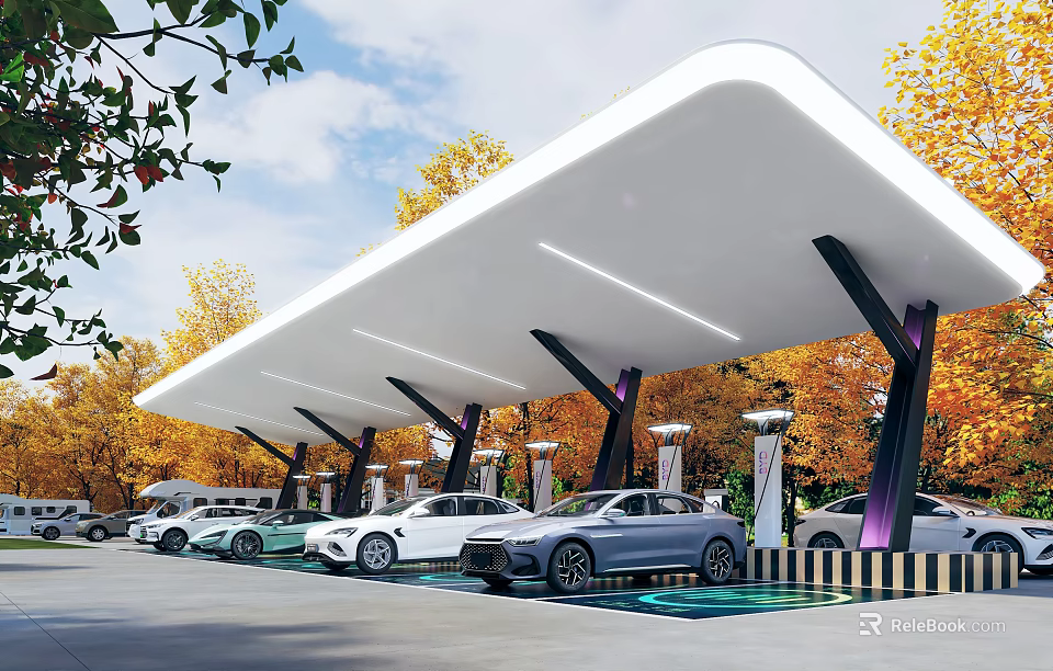 Modern Parking Lot Featuring Covered Canopy Charging Stations And Parked Cars Amid Autumn Trees 3d model 