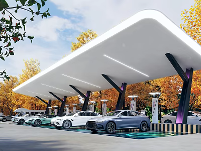 Modern Parking Lot Featuring Covered Canopy Charging Stations And Parked Cars Amid Autumn Trees 3d model