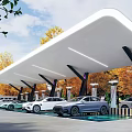 Modern Parking Lot Featuring Covered Canopy Charging Stations And Parked Cars Amid Autumn Trees