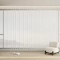 White Vertical Blinds in Modern Interior with Wooden Floor and Armchair