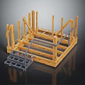 Sturdy Wooden Stone Construction Frame With Support Beams And Stone Steps 3d model
