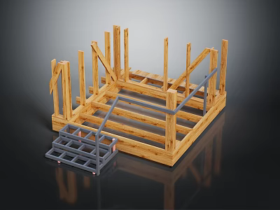 Sturdy Wooden Stone Construction Frame With Support Beams And Stone Steps 3d model