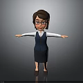 3D Cartoon Female Character With Glasses White Shirt Blue Vest Dark Skirt And Arms Outstretched