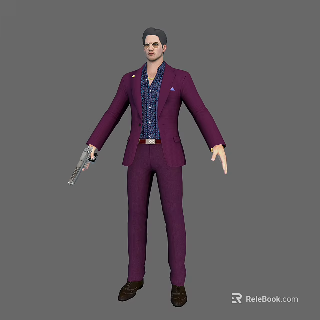 A Man In Purple Suit With Blue Patterned Shirt Standing Holding Gun 3d model 