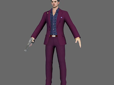 A Man In Purple Suit With Blue Patterned Shirt Standing Holding Gun 3d model