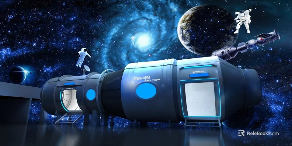 Space Station Modules With Astronaut Floating Near Earth And Galaxy Background 3d model 