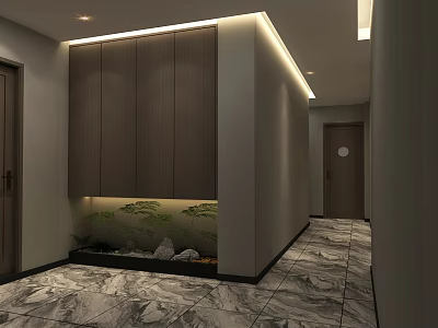 Modern Elevator Hallway Design With Wooden Cabinets Marble Flooring Green Plants And Recessed Lighting 3d model