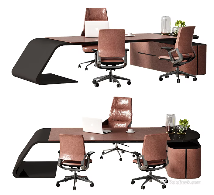 Modern Office Desk With Brown Tabletop Black Edge Design Office Chairs Laptop And Green Plant 3d model 