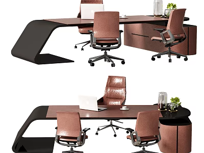 Modern Office Desk With Brown Tabletop Black Edge Design Office Chairs Laptop And Green Plant 3d model