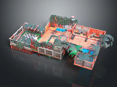 Cartoon Style Scenic Design With Wooden Deck Green Vines Blue Decor And Small Furniture 3d model