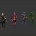 Women Wearing Different Armors Holding Weapons Standing In Gray Background Poses