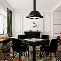 Stylish Dining Room Interior With Green Chairs Black Table Colorful Rug White Walls Pendant Light