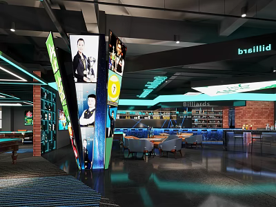 Modern Billiard Room Interior Design With Pool Tables Bar Counter Seating And Lighting 3d model