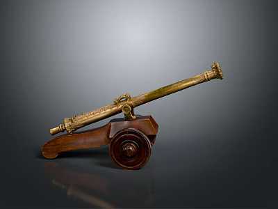Antique Brass Cannon with Wooden Carriage Featuring Ornate Wheels and Decorative Engravings 3d model