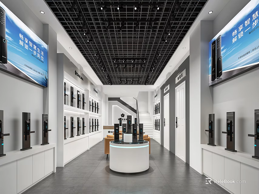 Modern Smart Home Store Showcasing Smart Door Locks On Display Shelves With Central Showcase 3d model 