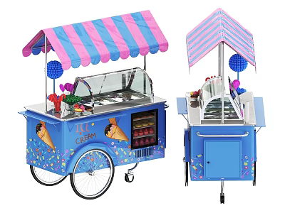 Functional Ice Cream Vending Cart With Pink Blue Striped Canopy Decorative Graphics And Display Window 3d model