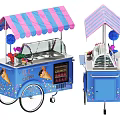 Functional Ice Cream Vending Cart With Pink Blue Striped Canopy Decorative Graphics And Display Window
