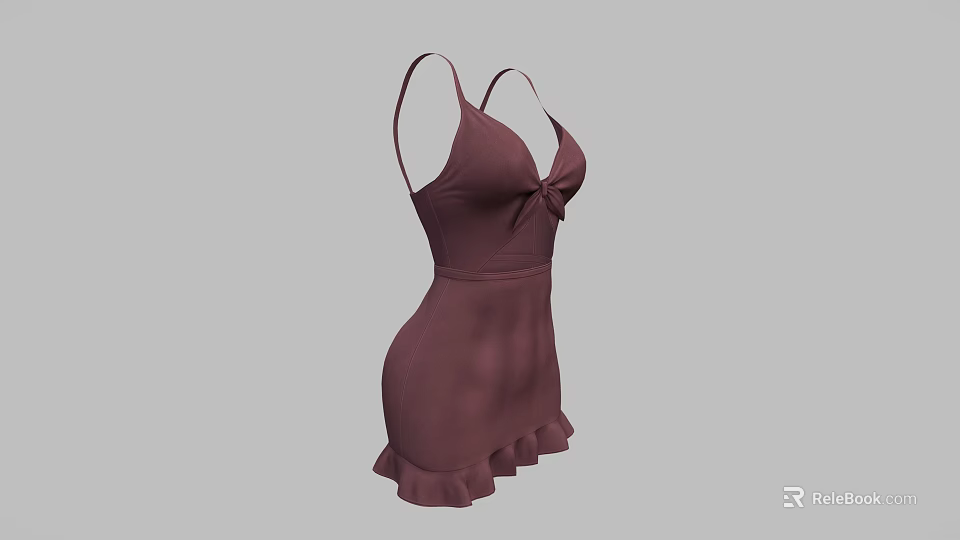 Dark Brown Spaghetti Strap Dress With Bow Detail And Ruffled Hem 3d model 