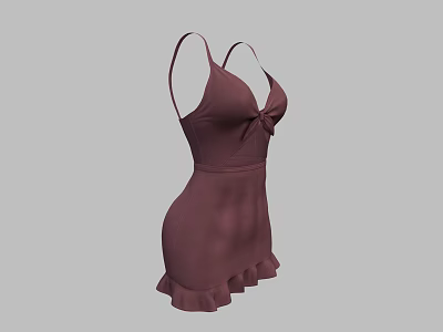 Dark Brown Spaghetti Strap Dress With Bow Detail And Ruffled Hem 3d model