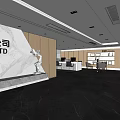 Modern Office Reception Area with Marble Wall Wooden Paneling Art Sculpture and City View Window