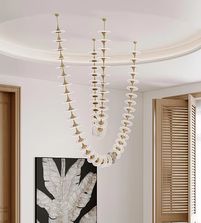 Modern Interior Design With Spiral Chandelier And Wooden Door Leaf Artwork 3d model