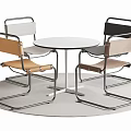 Modern Dining Table Set Featuring Round White Tabletop And Four Colored Metal Leg Chairs 3d model