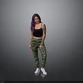 Woman With Purple Hair Black Tank Top Camouflage Pants Arm Tattoos And White Shoes Standing