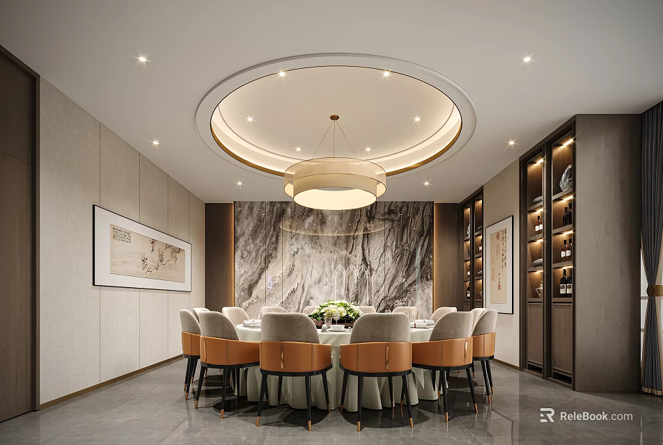 Luxurious Private Dining Room Interior With Marble Wall Round Table Upholstered Chairs And Chandeliers 3d model 