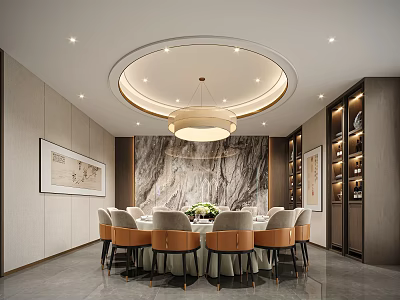 Luxurious Private Dining Room Interior With Marble Wall Round Table Upholstered Chairs And Chandeliers 3d model