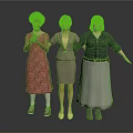 Three Women Standing Together In Different Stylish Outfits Dresses Skirt Suits and Long Skirts