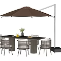 Outdoor Rectangular Dining Table With Wicker Chairs And Brown Cantilever Umbrella 3d model