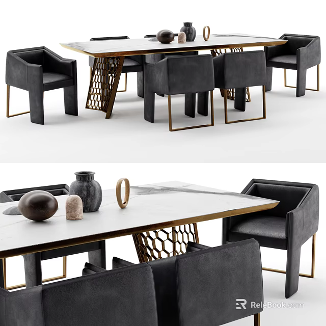 Stylish Dining Table Set With Gray Fabric Chairs Metal Frame And Decorative Items 3d model