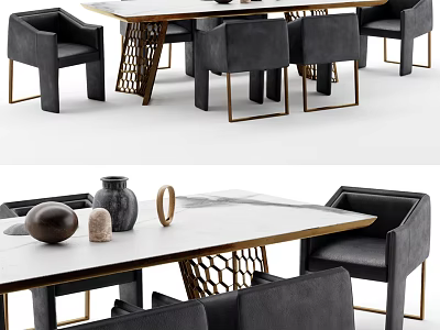 Stylish Dining Table Set With Gray Fabric Chairs Metal Frame And Decorative Items 3d model
