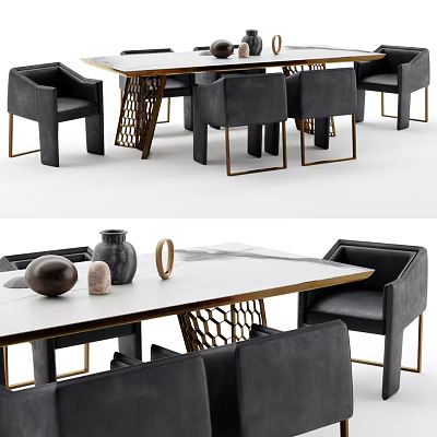 Stylish Dining Table Set With Gray Fabric Chairs Metal Frame And Decorative Items 3d model