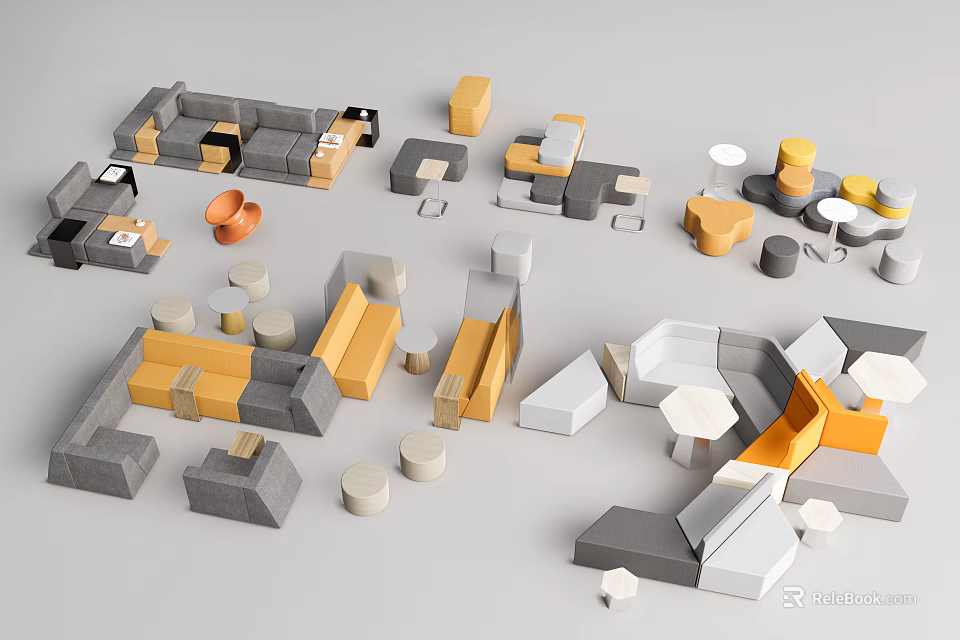 Modern Geometric Public Chairs With Multicolor Modular Design And Creative Shapes 3d model