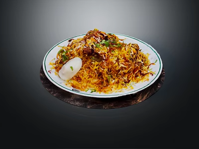 Delicious Biryani Rice With Meat Boiled Egg And Fresh Cilantro On White Plate 3d model
