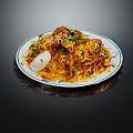 Delicious Biryani Rice With Meat Boiled Egg And Fresh Cilantro On White Plate