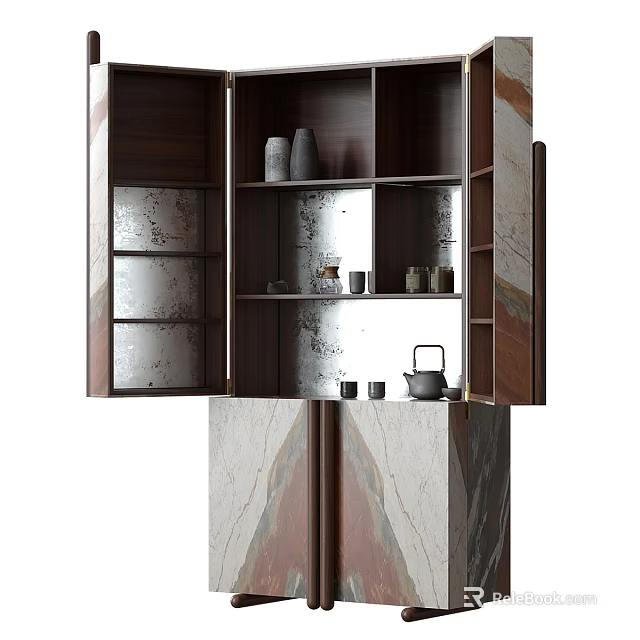 Modern Entryway Console Side Cabinet With Open Storage Shelves And Marble Decorative Panels 3d model 
