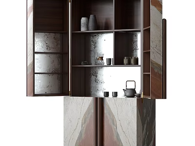 Modern Entryway Console Side Cabinet With Open Storage Shelves And Marble Decorative Panels 3d model