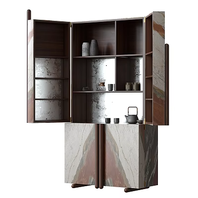 Modern Entryway Console Side Cabinet With Open Storage Shelves And Marble Decorative Panels 3d model