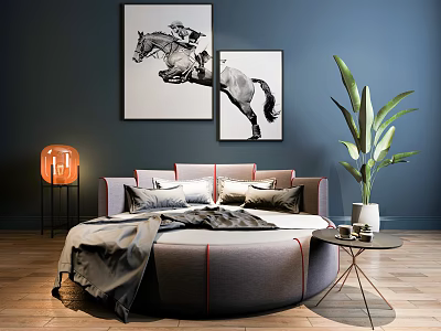 Gray Round Bed With Pillows Blue Wall Art And Plant In Modern Living Room 3d model